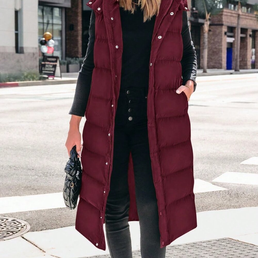 Burgundy Casual Women's Long Quilted Hooded Vest - Picture 3 of 5